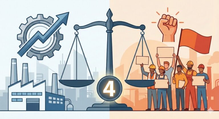 Indian factory workers discussing new labour codes reforms