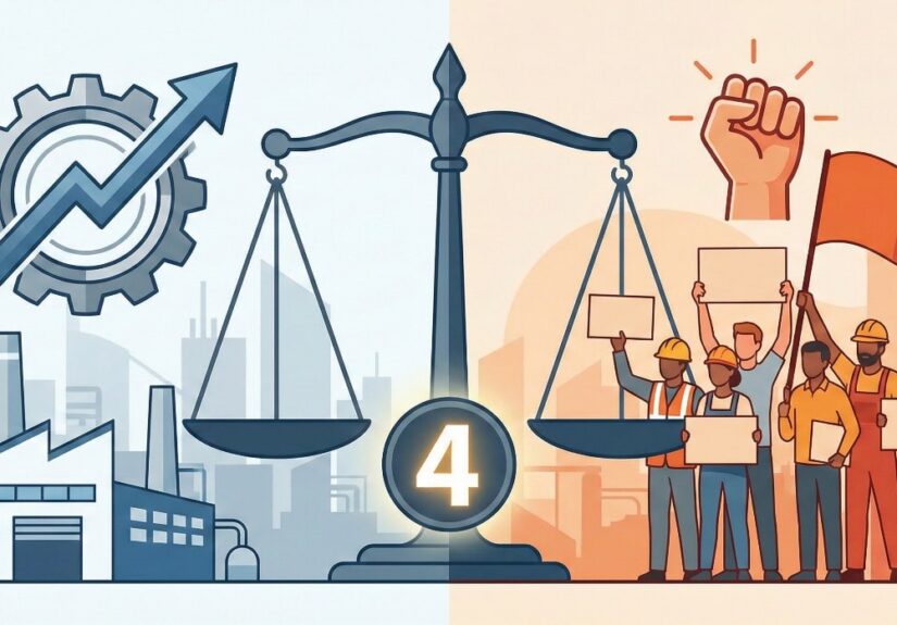 Indian factory workers discussing new labour codes reforms