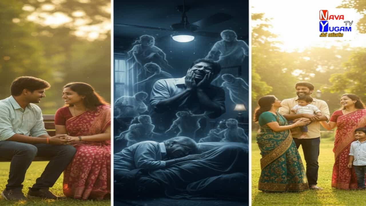 Emotional Telugu love story collage showing a happy couple, a moment of despair, and their settled family lives after years