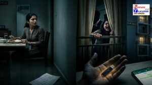 Hyderabad apartment thriller scene woman holding pen drive scared while masked attacker enters with police lights in background