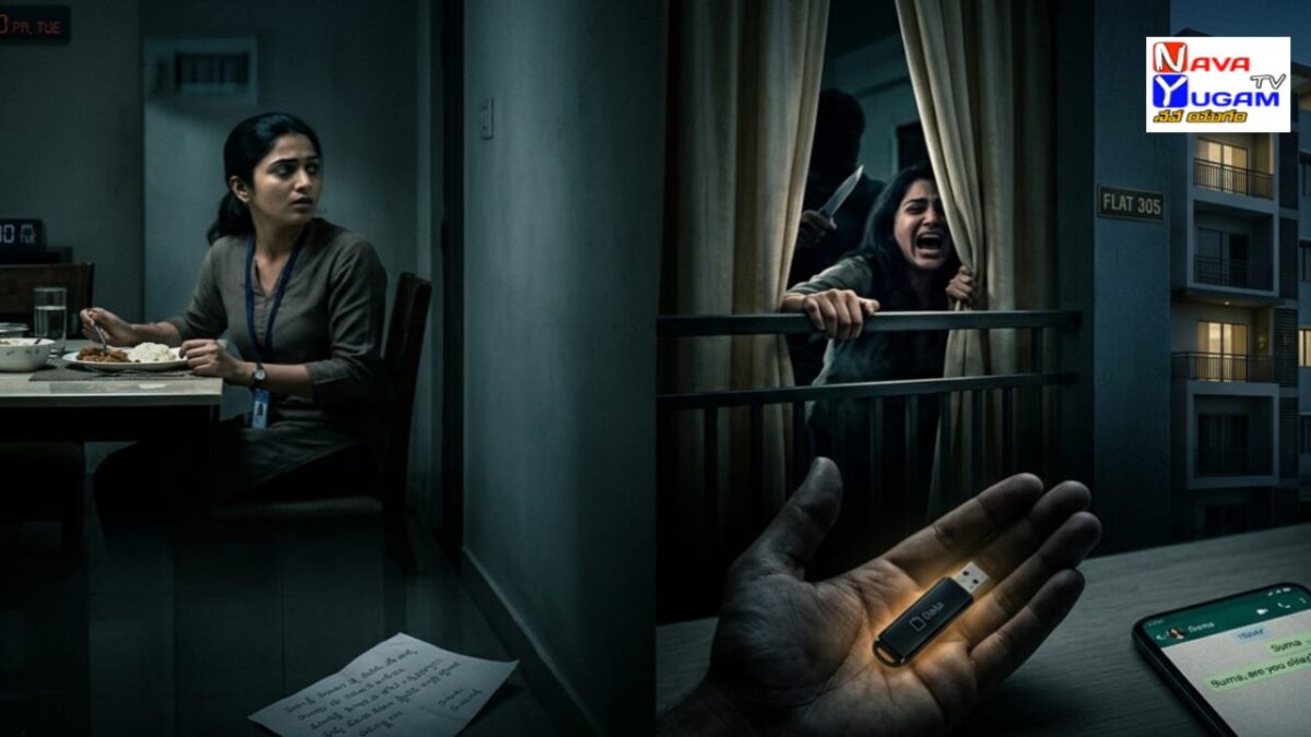 Thriller Crime Story: బిగ్గరగా వినిపించిన కేక! తర్వాత ఒక నోట్.. Hyderabad apartment thriller scene woman holding pen drive scared while masked attacker enters with police lights in background