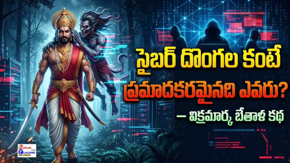 విక్రమార్కుడు బేతాళుడి కథలో సైబర్ హ్యాకర్లు, డేటా దోపిడీ మరియు ఫిషింగ్ లింక్ కారణంగా ఏర్పడిన డిజిటల్ ప్రమాదాన్ని చూపించే దృశ్యం